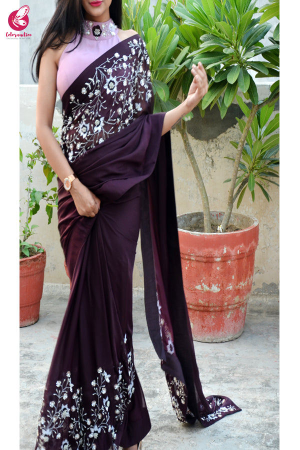 Wine Pure Silk Chiffon Sequins Pearl Handwork Saree