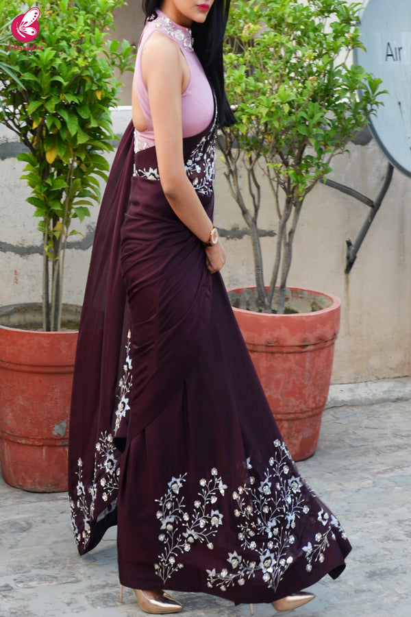 Wine Pure Silk Chiffon Sequins Pearl Handwork Saree