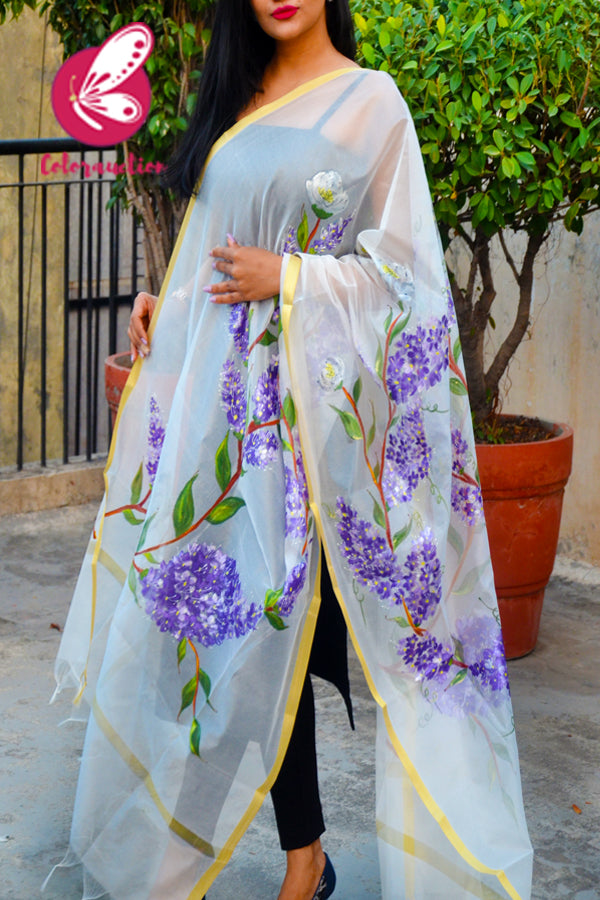 Off White Pure Organza Handpainted  Lilac Purple Floral Stole