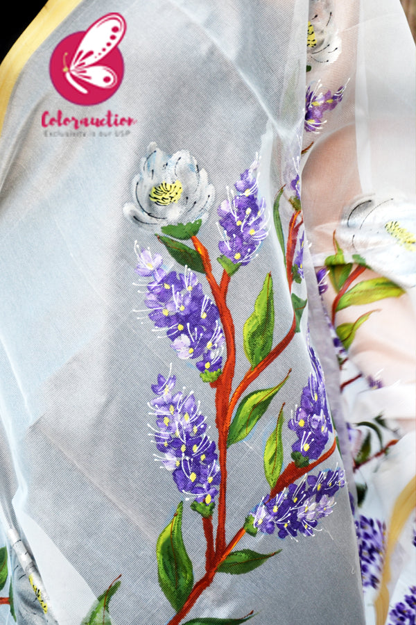 Off White Pure Organza Handpainted  Lilac Purple Floral Stole