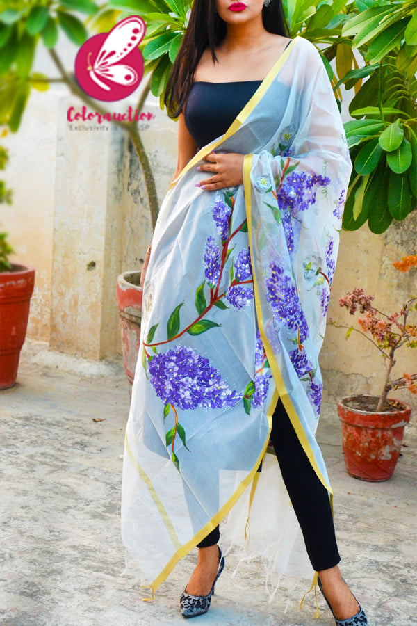 Off White Pure Organza Handpainted  Lilac Purple Floral Stole