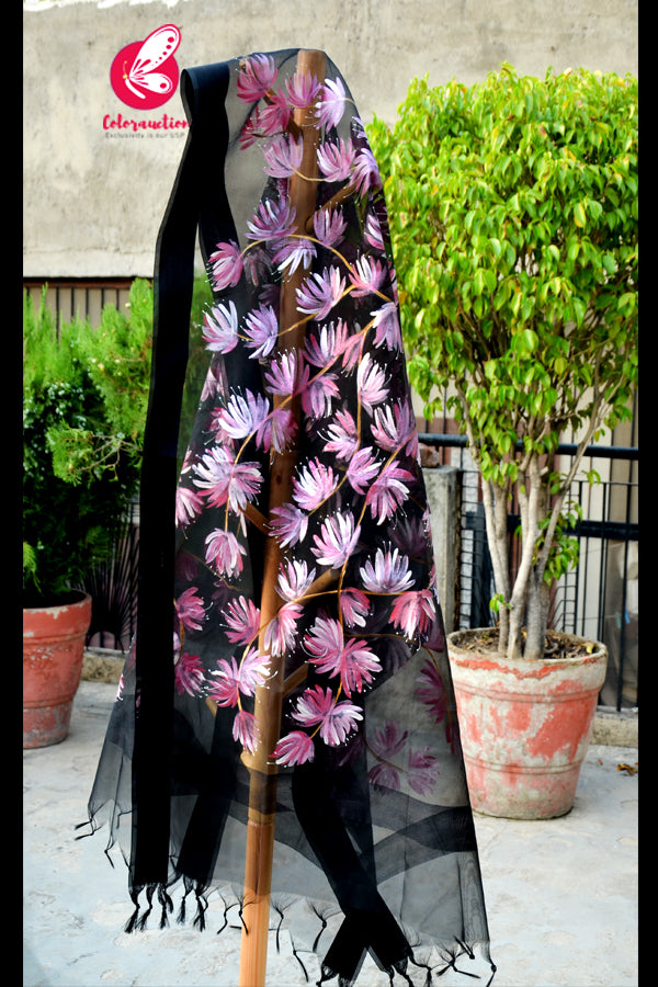 Black Pure Organza Handpainted Floral Pink Stole