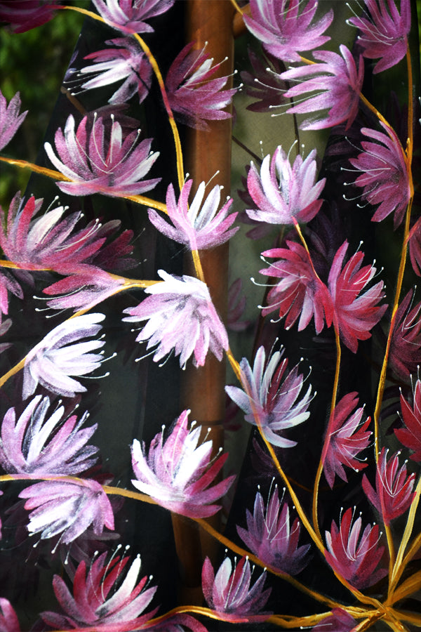 Black Pure Organza Handpainted Floral Pink Stole