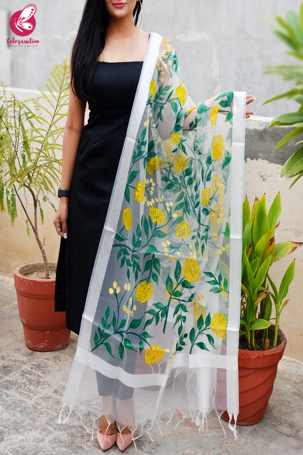 White Organza Yellow Peonies Hand painted Stole