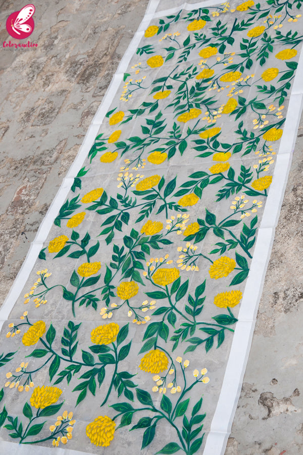 White Organza Yellow Peonies Hand painted Stole