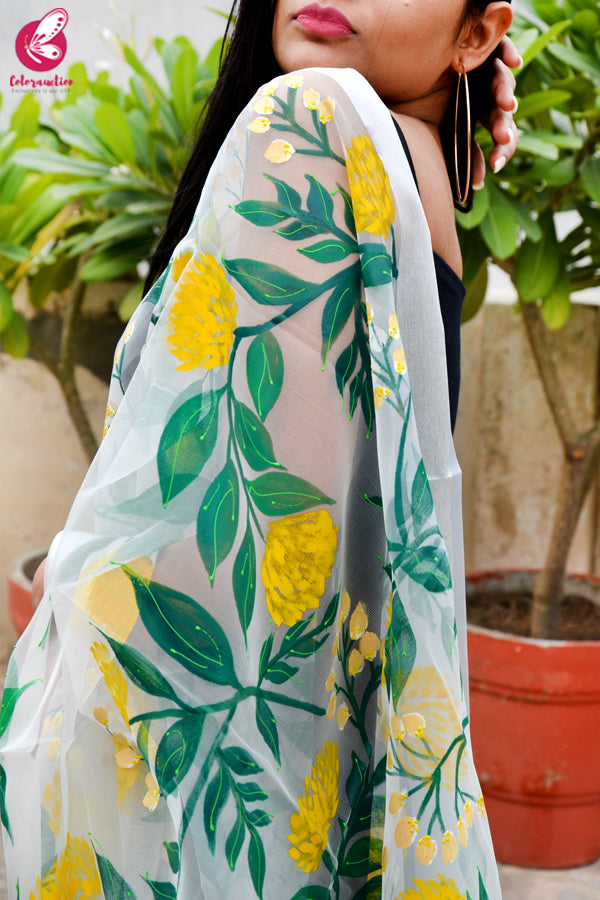 White Organza Yellow Peonies Hand painted Stole