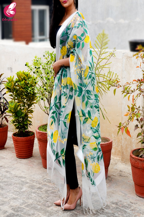 White Organza Yellow Peonies Hand painted Stole