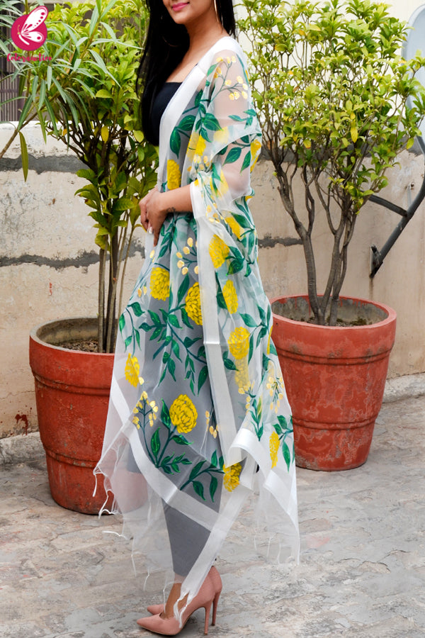 White Organza Yellow Peonies Hand painted Stole
