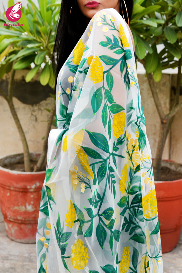 White Organza Yellow Peonies Hand painted Stole