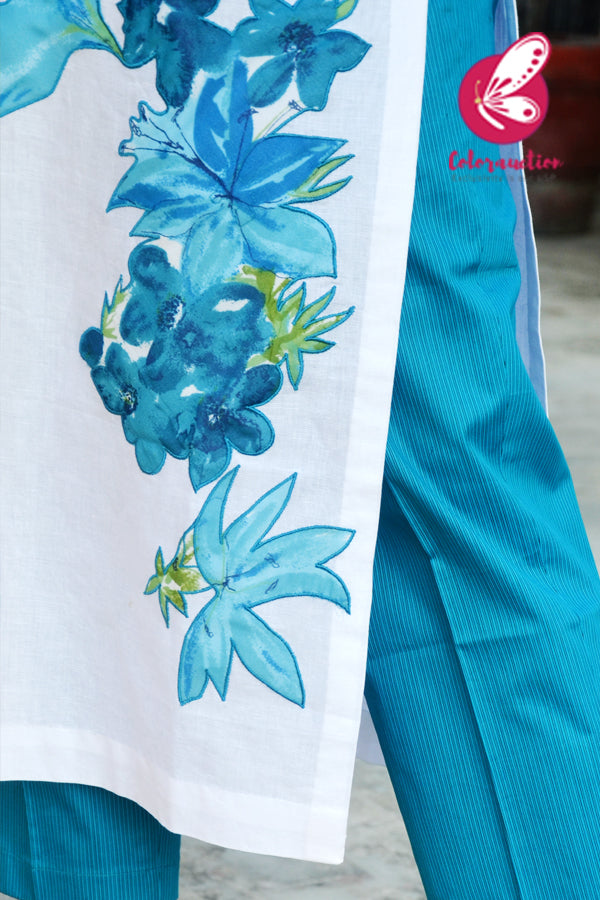 White Pure Linen Applique Work Kurti with Blue Cotton Silk Stripe Pants Kurti Set