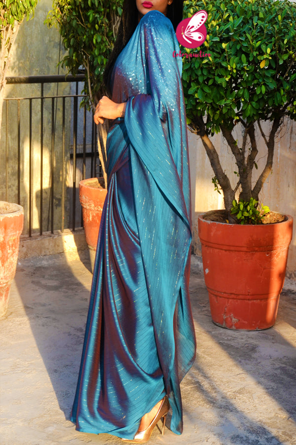 Teal Blue Satin Georgette Fancy Saree