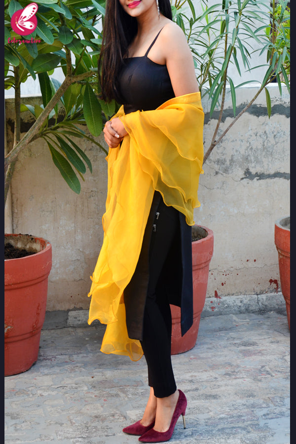 Turmeric Yellow Pure Organza Three-Tier Ruffle Stole