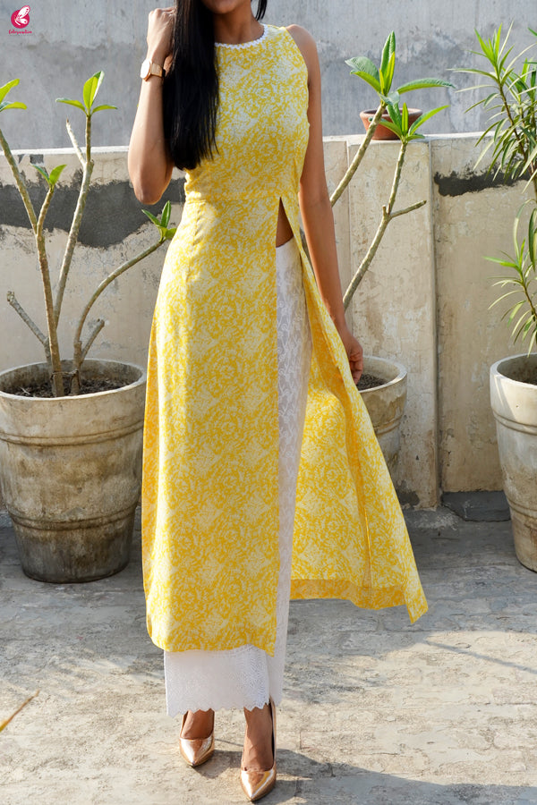 Lemon Printed Modal Rayon Sleeveless Long Kurti