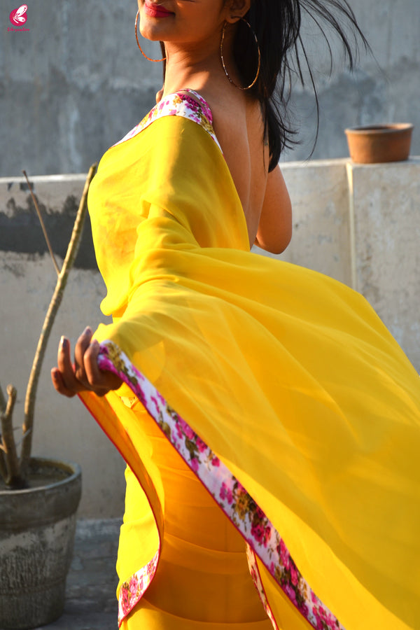 Yellow Georgette Floral Border Saree