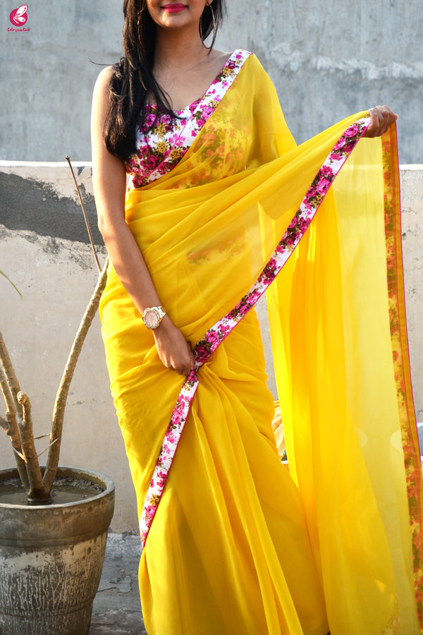 Yellow Georgette Floral Border Saree