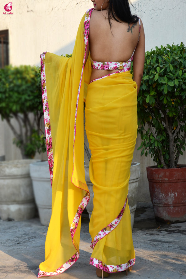 Yellow Georgette Floral Border Saree