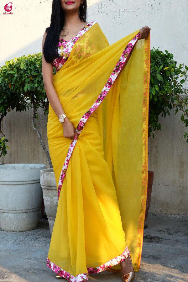 Yellow Georgette Floral Border Saree