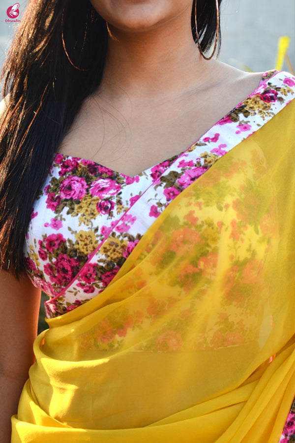 Yellow Georgette Floral Border Saree