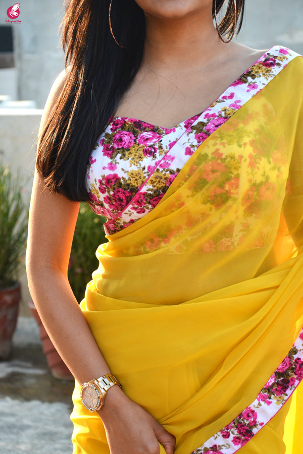 Yellow Georgette Floral Border Saree