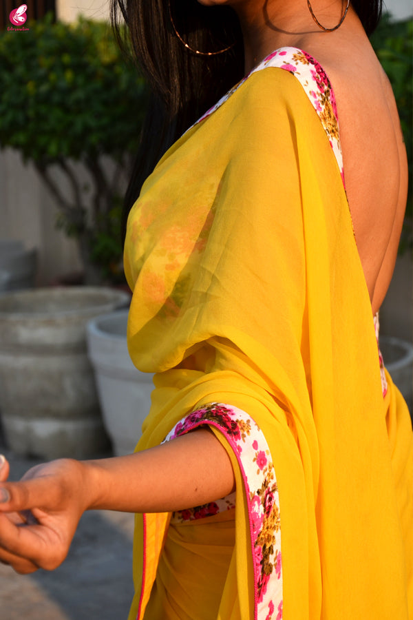 Yellow Georgette Floral Border Saree