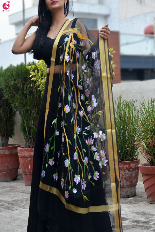 Black Organza Floral Birds Handpainted Stole