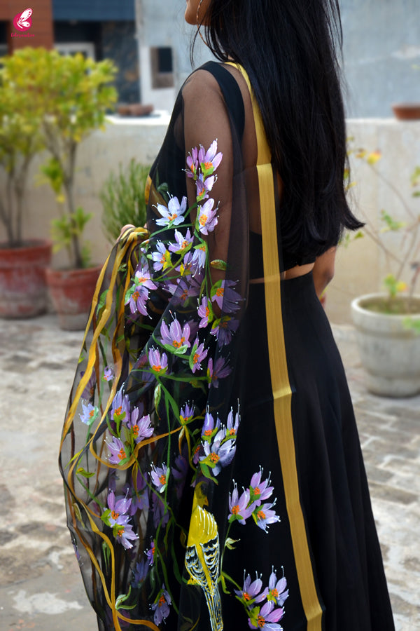 Black Organza Floral Birds Handpainted Stole