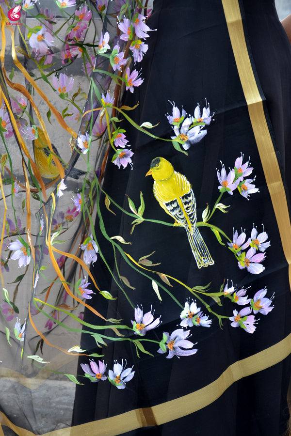 Black Organza Floral Birds Handpainted Stole