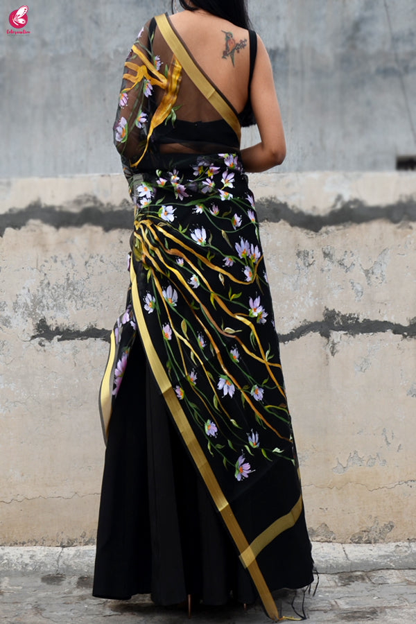 Black Organza Floral Birds Handpainted Stole