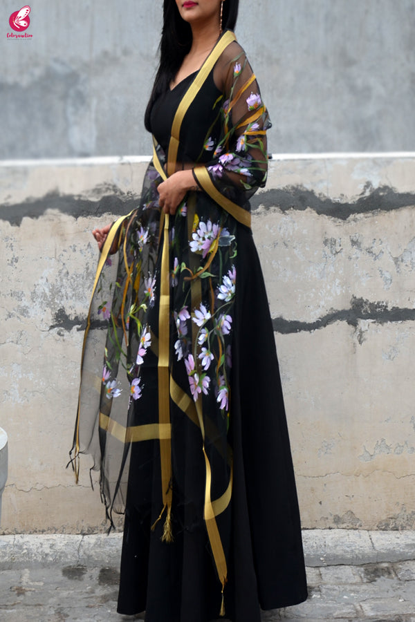 Black Organza Floral Birds Handpainted Stole