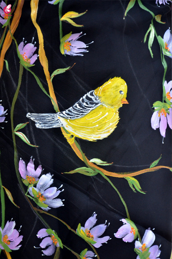 Black Organza Floral Birds Handpainted Stole