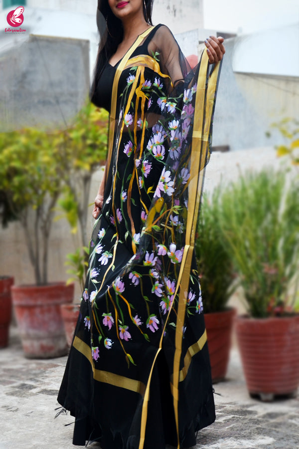 Black Organza Floral Birds Handpainted Stole
