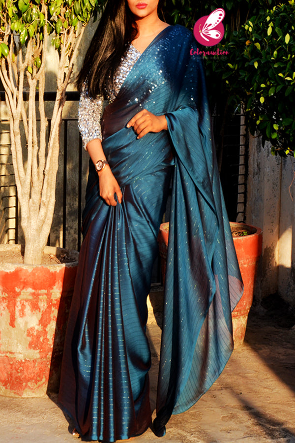 Teal Blue Satin Georgette Fancy Saree