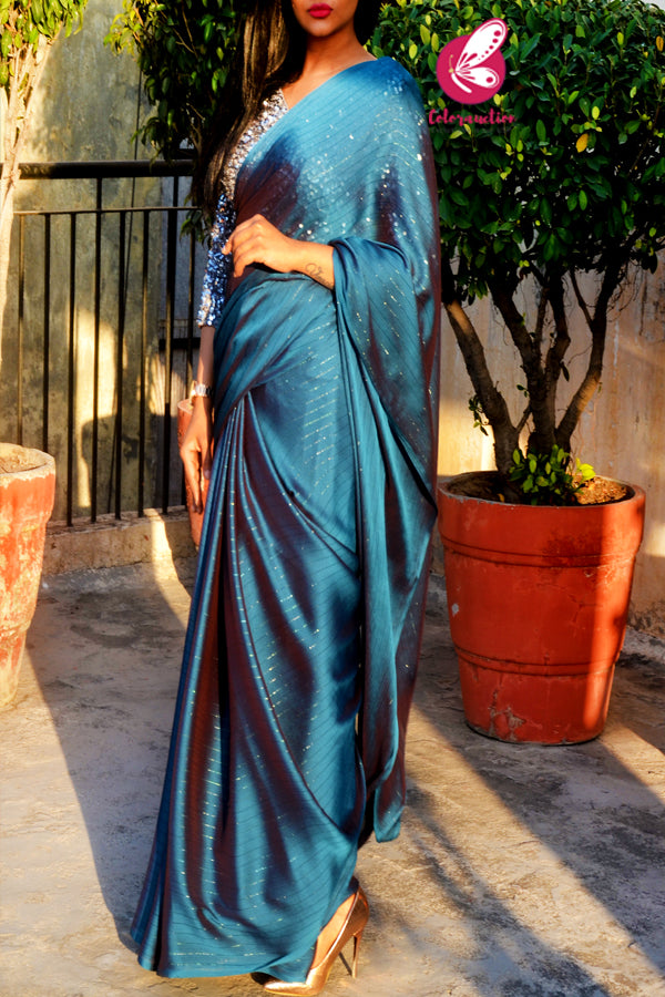Teal Blue Satin Georgette Fancy Saree