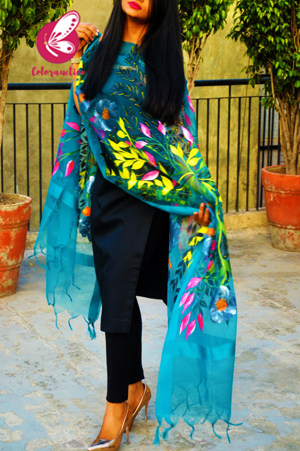 Teal Green Organza Handpainted Multicoloured Floral Stole