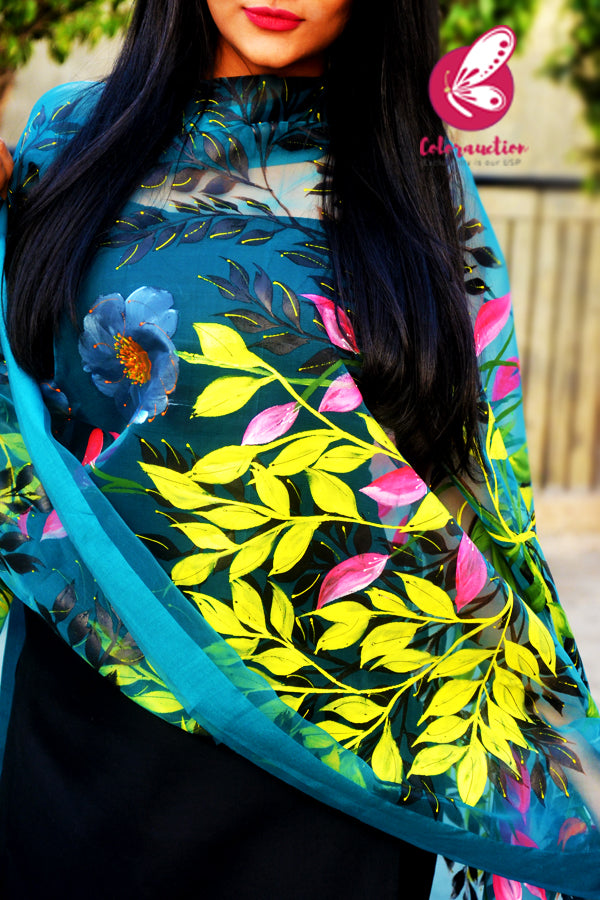 Teal Green Organza Handpainted Multicoloured Floral Stole