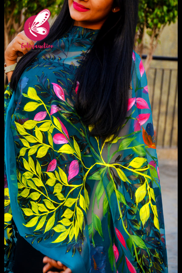Teal Green Organza Handpainted Multicoloured Floral Stole