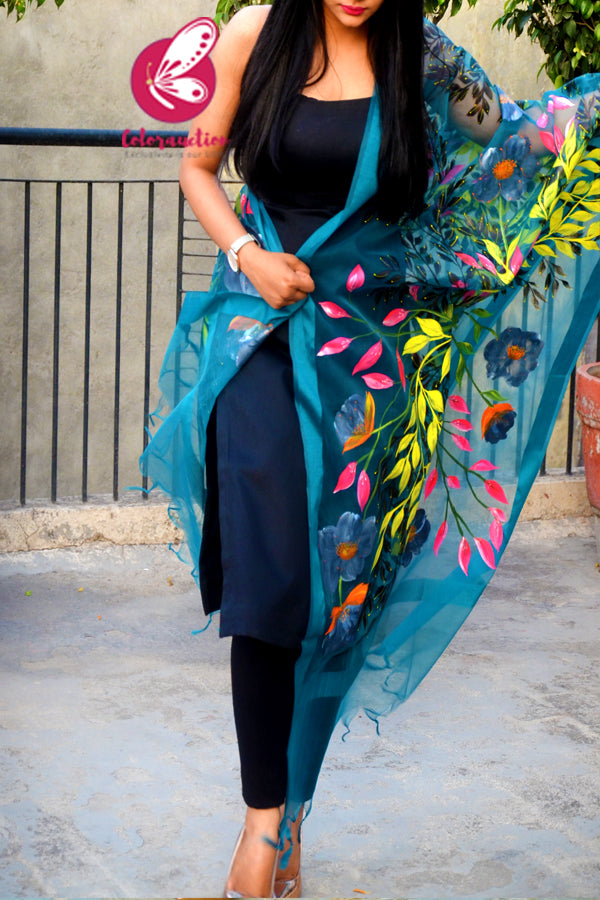 Teal Green Organza Handpainted Multicoloured Floral Stole