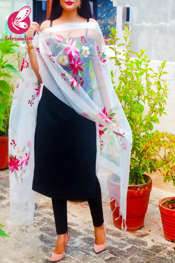White Pure Organza Handpainted Multicoloured Floral Stole