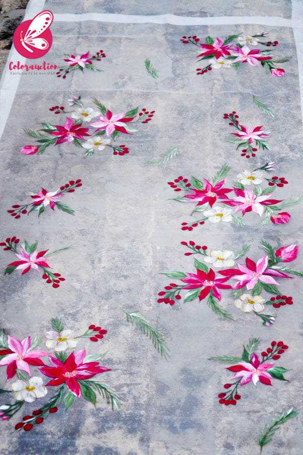White Pure Organza Handpainted Multicoloured Floral Stole