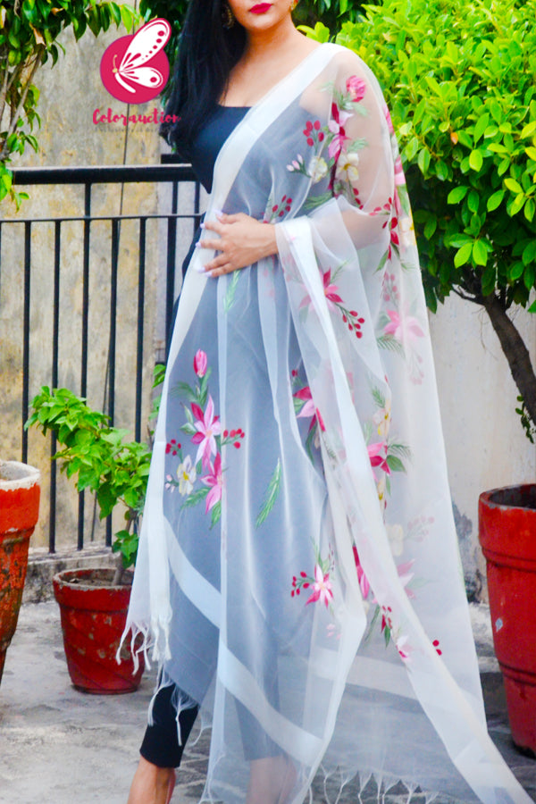 White Pure Organza Handpainted Multicoloured Floral Stole