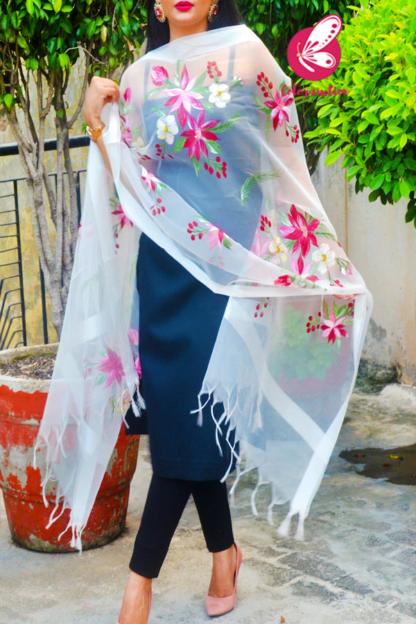 White Pure Organza Handpainted Multicoloured Floral Stole