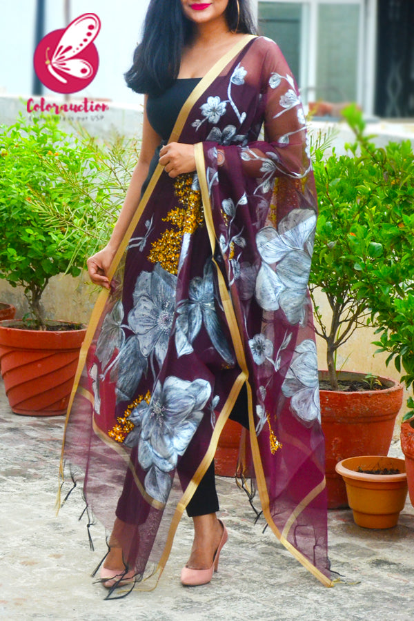 Wine Organza Silver Yellow Florwers Hand painted Stole