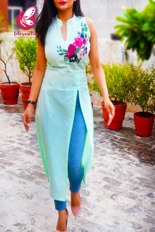 Mint Green Pure Linen Embroidered Front Slit Kurti