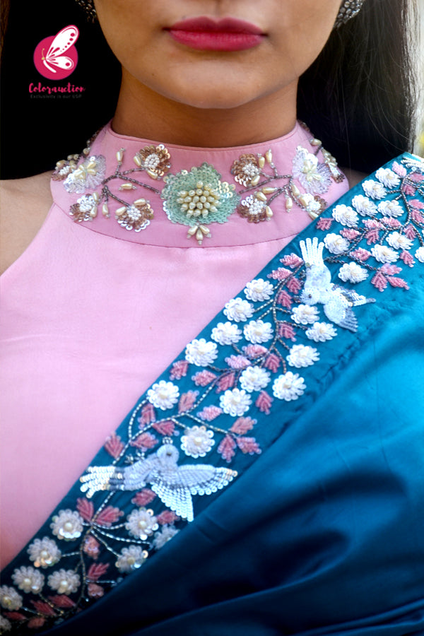 Teal Pure Silk Pearl Sequins Handwork Saree