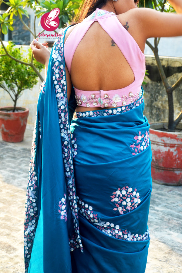Teal Pure Silk Pearl Sequins Handwork Saree