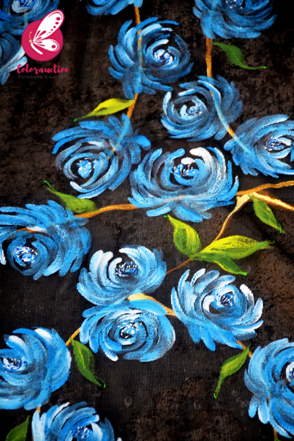 Black Pure Organza Blue Roses Floral Hand painted Stole