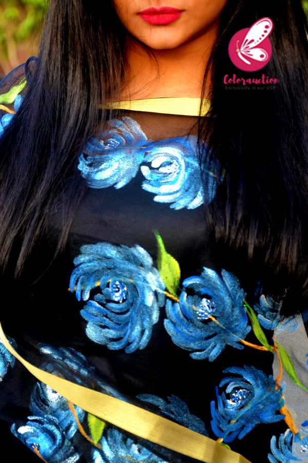 Black Pure Organza Blue Roses Floral Hand painted Stole