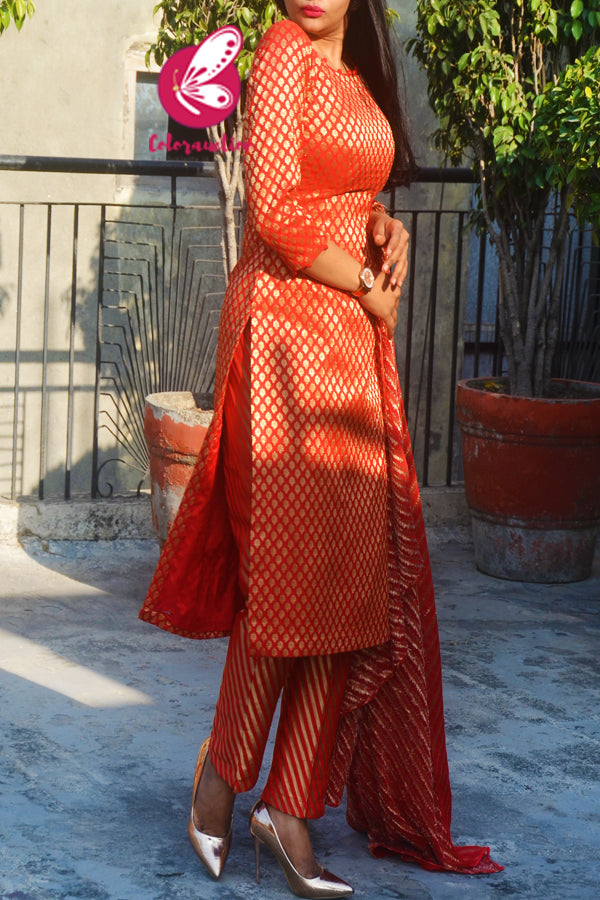 Red Brocade Silk Padded Kurti with Red Brocade Lehriya Silk Pants and Red Lehriya Dupatta