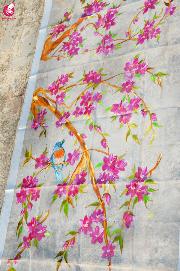 White Organza Handpainted Colorful Floral Bird Stole