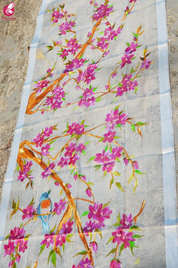 White Organza Handpainted Colorful Floral Bird Stole